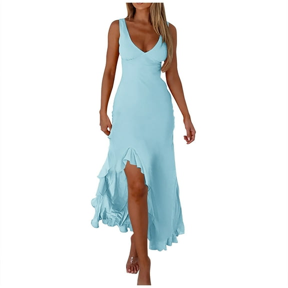 ZQUUVOU Wedding Guest Dress for Women Cocktail Party Dresses Slim V-neck Sleeveless Ruffled Slit Dresse Hem Bodycon Maxi Dress Blue