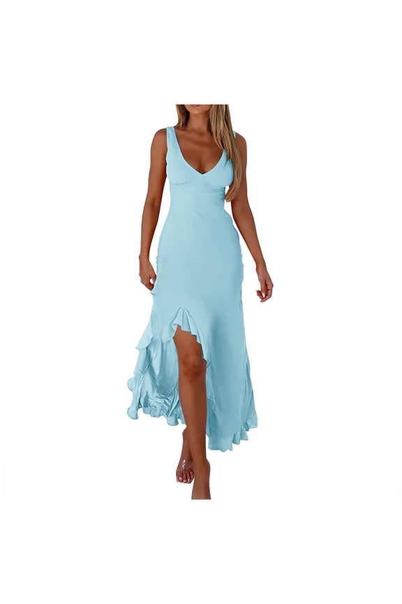Wedding Guest Dress for Women Cocktail Party Dresses Slim V-neck Sleeveless Ruffled Slit Dresse Hem Bodycon Maxi Dress Blue