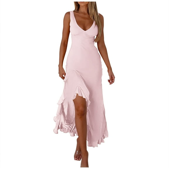 ZQUUVOU Wedding Guest Dress for Women Cocktail Party Dresses Slim V-neck Sleeveless Ruffled Slit Dresse Hem Bodycon Maxi Dress Pink