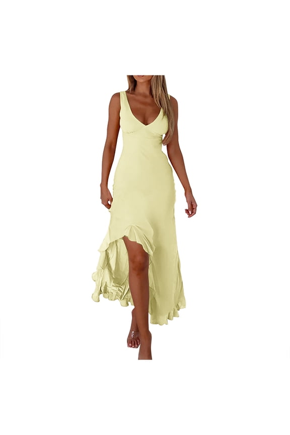 Wedding Guest Dress for Women Cocktail Party Dresses Slim V-neck Sleeveless Ruffled Slit Dresse Hem Bodycon Maxi Dress Yellow
