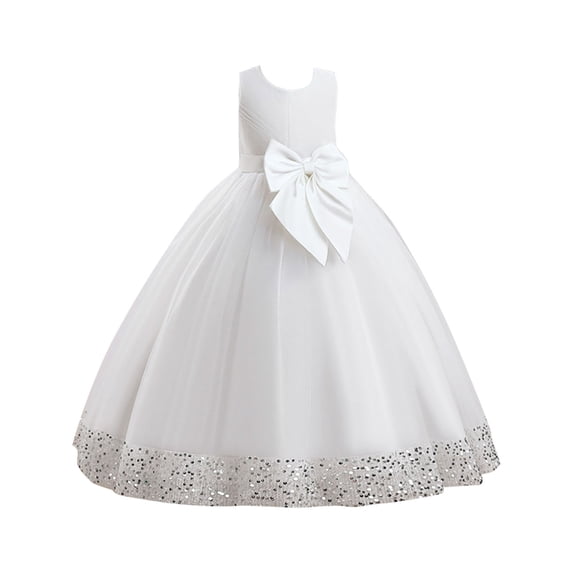 ZQUUVOU Wedding Pageant Dress for Girls Summer Sleeveless Tulle Sequin High Low Train Flower Girl Performance Party Dresses White