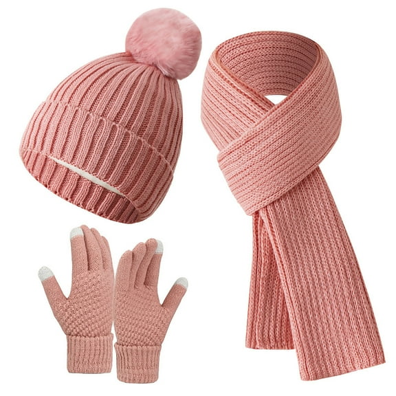 ZQUUVOU Winter Beanie Hat Scarf Gloves Set for Men Women Knitted Gloves Hats with Faux Fur Pom Long Scarf Neck Warmer 3 in 1 Set Pink