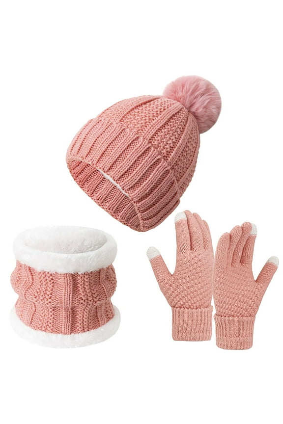 Winter Beanie Hat Scarf Gloves Set for Men Women Knitted Warm Gloves Hats with Faux Fur Pom Scarves Set with Thick Velvet Hat Pink