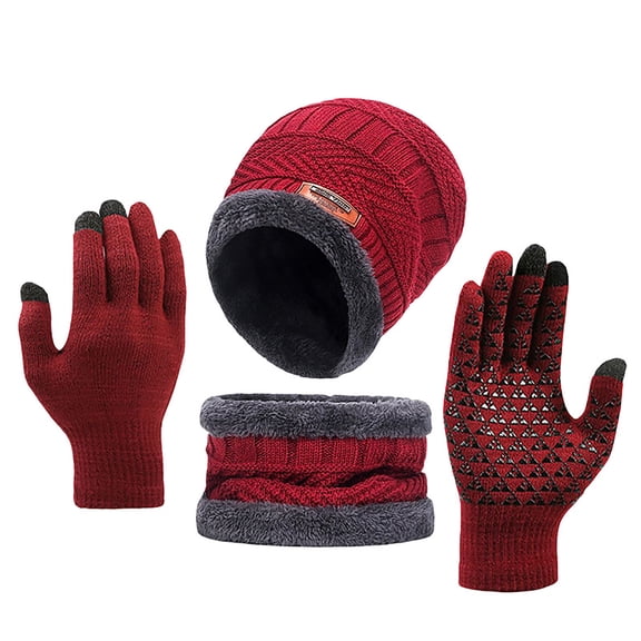 ZQUUVOU Winter Beanie Hat Scarf Gloves Set for Men Women Knitted Warmer Gloves Hats Scarves Set with Thick Velvet Hat Burgundy