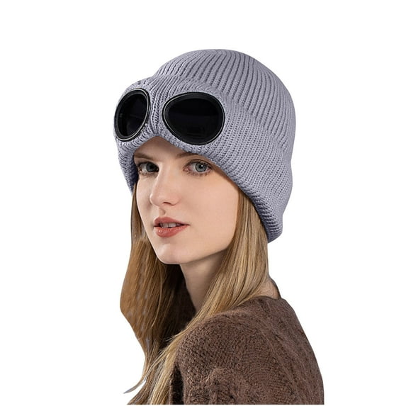 ZQUUVOU Winter Beanie Hat for Women Windproof Glasses with Knitted Skiing Hat Warm Woolen Hat Ski Mask Gift for Cold Weather Gray