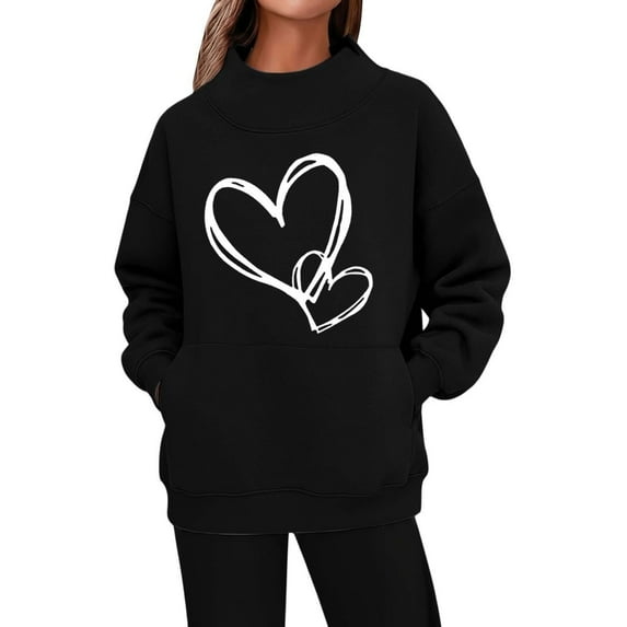 ZQUUVOU Winter Fleece Pullover for Women Valentines Print Long Sleeve Sweatshirt with Pocket Warm Plush Lined Pullover Black A