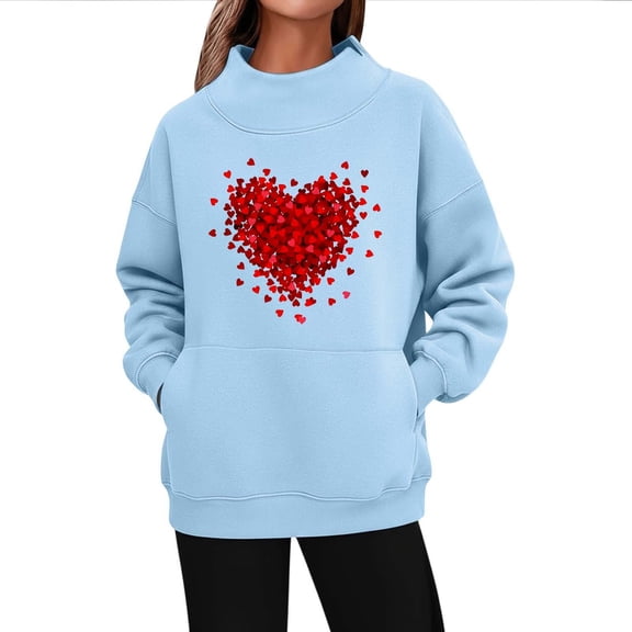 ZQUUVOU Winter Fleece Pullover for Women Valentines Print Long Sleeve Sweatshirt with Pocket Warm Plush Lined Pullover Light Blue C