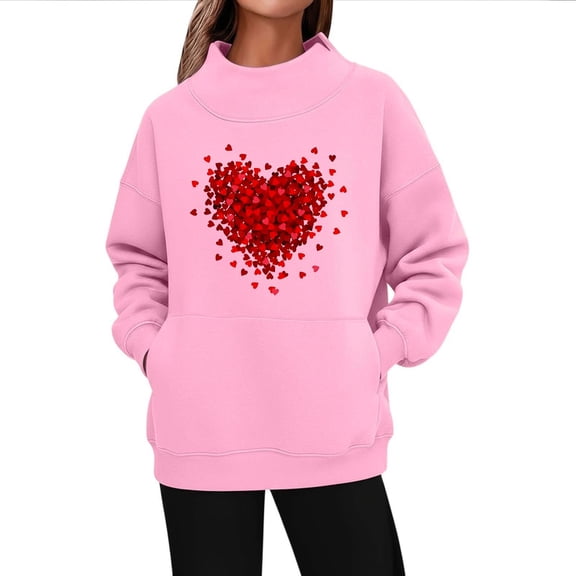 ZQUUVOU Winter Fleece Pullover for Women Valentines Print Long Sleeve Sweatshirt with Pocket Warm Plush Lined Pullover Pink C