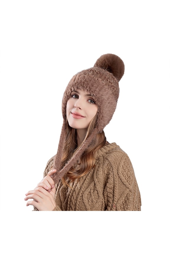 Winter Knitted Beanie Hat for Women Plush Trim Outdoor Warm Fluffy Velvet Ear Warmer Fashion Knitted Wool Hat Coffee