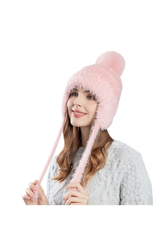 Winter Knitted Beanie Hat for Women Plush Trim Outdoor Warm Fluffy Velvet Ear Warmer Fashion Knitted Wool Hat Pink