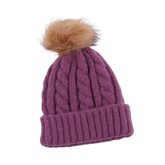 ZQUUVOU Winter Knitted Beanie Hat for Women Solid Color Skull Cap with Faux Fur Pom Fashionable Thicken Ear Warmer Knit Beanie Purple