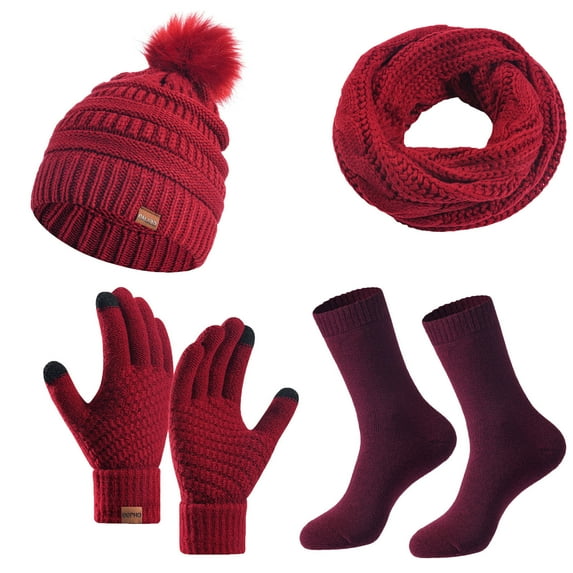 ZQUUVOU Woman's Beanie Hat Scarf Gloves Socks Set Fashion Casual Winter Snow Skiing Warm Set Knitted Hat Scarf Glove Socks Outdoor Burgundy