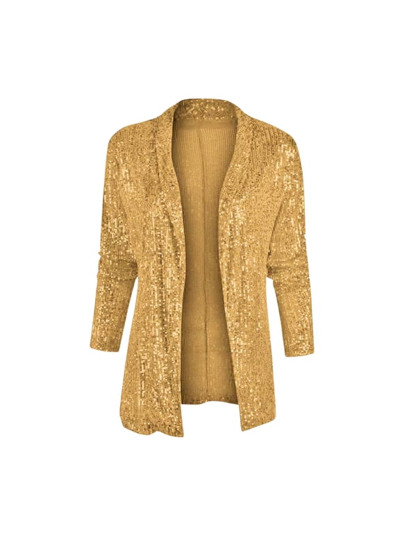 Women Casual Long Sleeve Solid Color Sequin Hoodless Jacket Womens Fall Fomal Outwear Clothes Gold