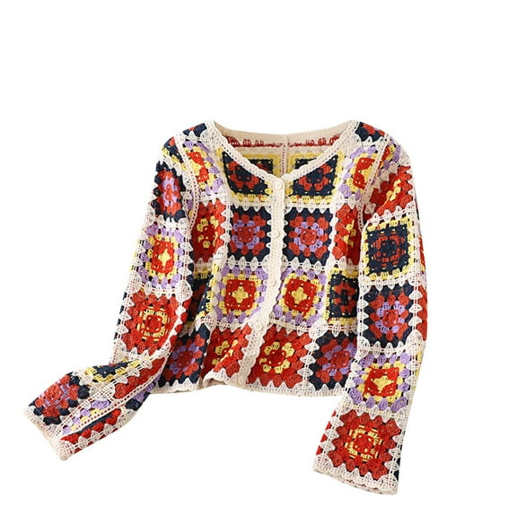 ZQUUVOU Women Crochet Floral Knit Pullover Cardigan Womens Long Sleeve V Neck Sweater Hollow Out Top Red