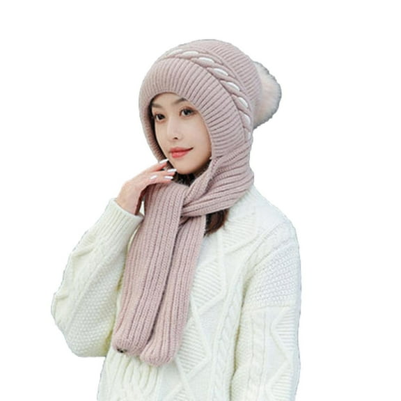 ZQUUVOU Women Hooded Scarf Integrated Elastic Soft Beanie Hat Ear Protection Windproof Scarf Winter Warm Knitted Hat Scarf Pink