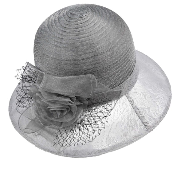 ZQUUVOU Women Organza Hat Wide Brim Mesh Beach Cap Sun Protection Hats Cocktail Church Tea Party Wedding Bridal Flower Hat Gray