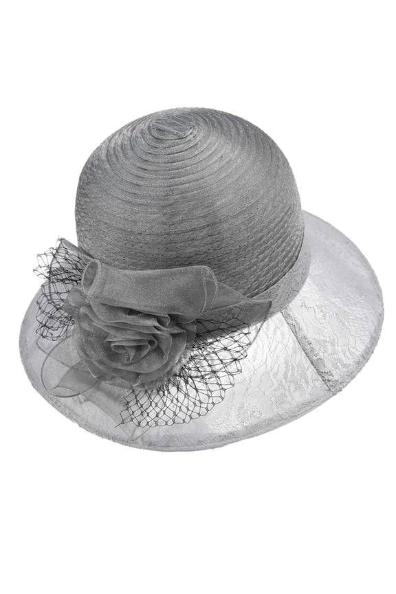 Women Organza Hat Wide Brim Mesh Beach Cap Sun Protection Hats Cocktail Church Tea Party Wedding Bridal Flower Hat Gray