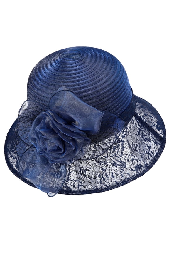 Women Organza Hat Wide Brim Mesh Beach Cap Sun Protection Hats Cocktail Church Tea Party Wedding Bridal Flower Hat Navy