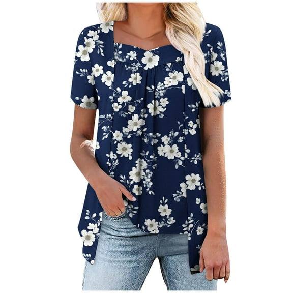 ZQUUVOU Women Short Sleeve Print Tops Loose Pleated Fake Two Piece Layered Blouse Shirt Hide Belly Tunic Tops C-Multicolor (XL)