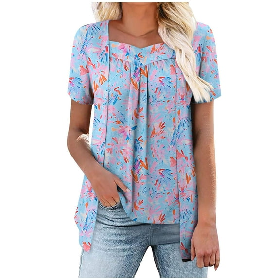 ZQUUVOU Women Short Sleeve Print Tops Loose Pleated Fake Two Piece Layered Blouse Shirt Hide Belly Tunic Tops D-Multicolor (L)