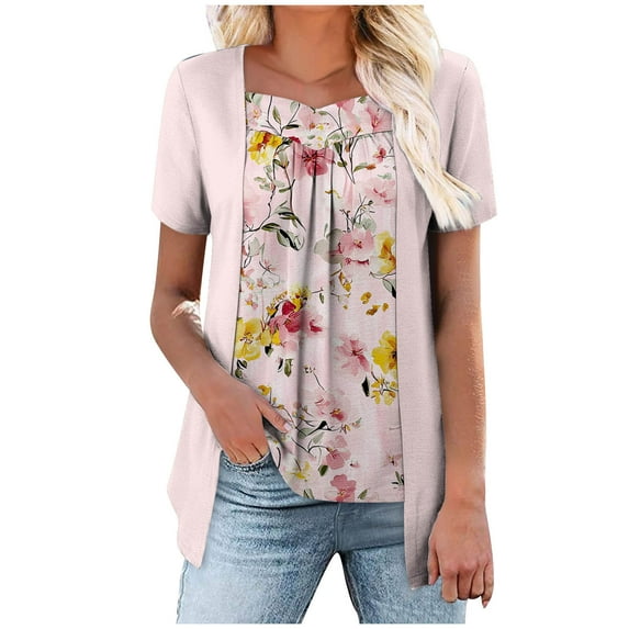 ZQUUVOU Women Short Sleeve Print Tops Loose Pleated Fake Two Piece Layered Blouse Shirt Hide Belly Tunic Tops I-Multicolor (L)