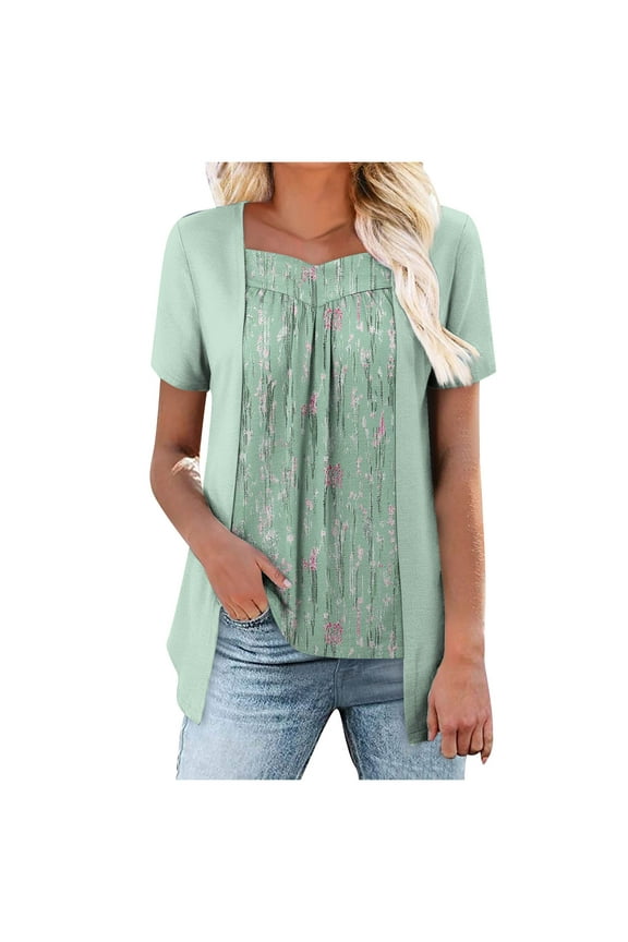 Women Short Sleeve Print Tops Loose Pleated Fake Two Piece Layered Blouse Shirt Hide Belly Tunic Tops J-Multicolor (XL)