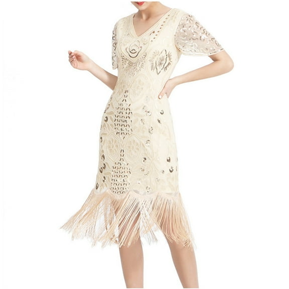 ZQUUVOU Women's 1920S Beaded Short Sleeve V Neck Flapper Dress Fringed Party Cocktail Dresses Beige,2XL