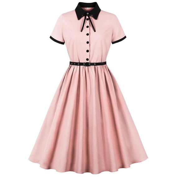 ZQUUVOU Women's 1950S Dress Short Sleeve Button Down A Line Maxi Dress Pink,S