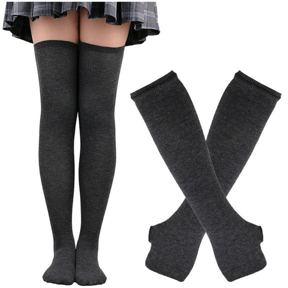 ZQUUVOU Women's 2 Pairs Striped Arm Warmers Set Goth Knitted Fingerless Gloves with Long Knee High Socks Set Dark Gray