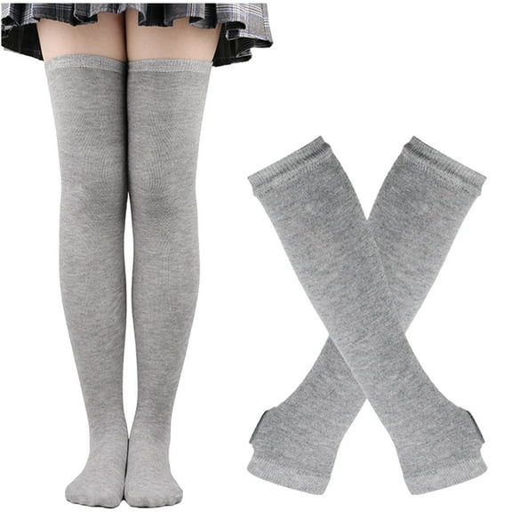 ZQUUVOU Women's 2 Pairs Striped Arm Warmers Set Goth Knitted Fingerless Gloves with Long Knee High Socks Set Gray