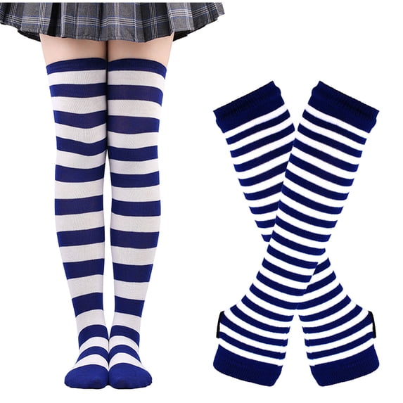 ZQUUVOU Women's 2 Pairs Striped Arm Warmers Set Goth Knitted Fingerless Gloves with Long Knee High Socks Set White B