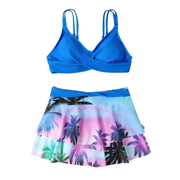 ZQUUVOU Women's Two Piece Bikini Set with Skirt Underwire Push Up Top High Waisted Bottom Tummy Control Swimsuit Blue