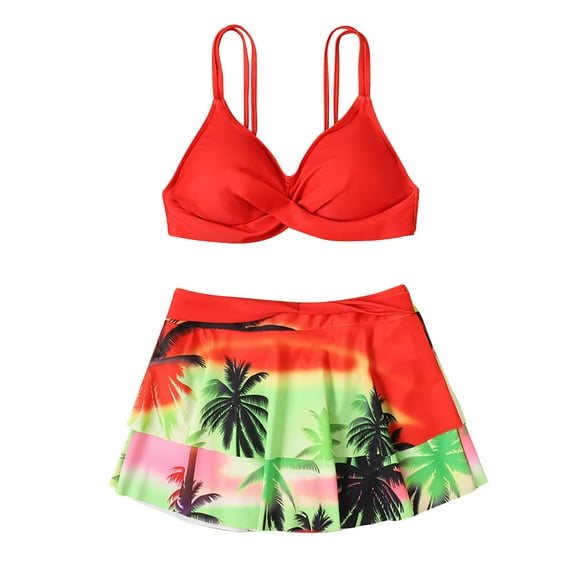 ZQUUVOU Women's 2 Piece Bikini Set Solid Color Skirt Swimsuit (Red,XL)