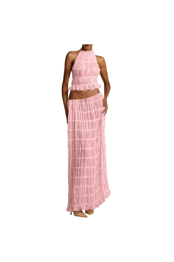 Women's 2 Piece Halter Neck Set Sleeveless Tops with Low Back Tied Maxi Skirt for Vacation Summer Party Pink