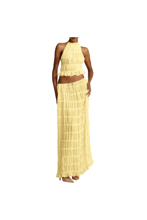 Women's 2 Piece Halter Neck Set Sleeveless Tops with Low Back Tied Maxi Skirt for Vacation Summer Party Yellow