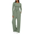 thumbnail image 1 of ZQUUVOU Women's 2 Piece Set Blouse Outfit Solid Color Long Sleeve Pullover V Neck Tops Casual Loose Pants Olive Green B, 1 of 7