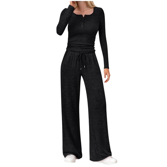 ZQUUVOU Women's 2 Piece Set Solid Round Neck Button Front Long Sleeve Top and Casual Drawstring Waist Cargo Pants Black