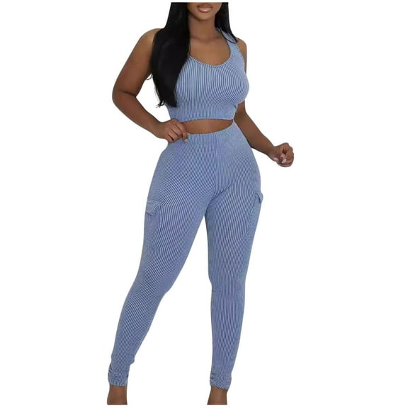 ZQUUVOU Women's 2 Piece Shapewear Sets Solid Color Tank Top High Waist Pocket Leggings Comfortable Outfit Gym Casual Blue