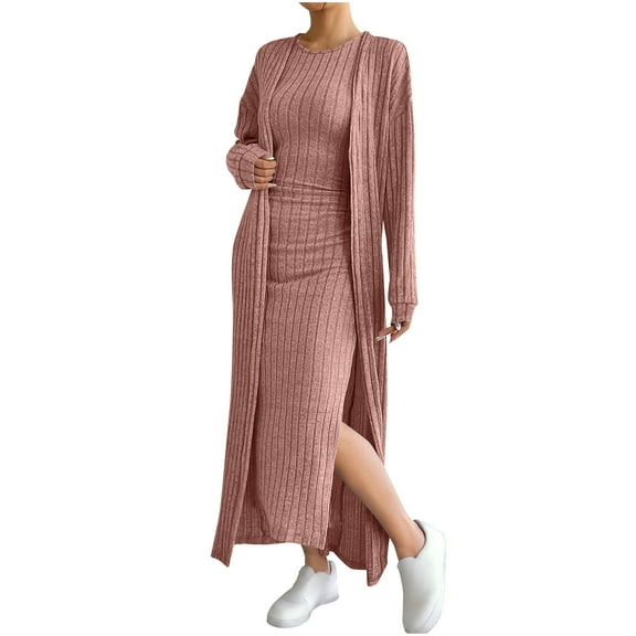ZQUUVOU Women's 2 Piece Vest Sweater Dress Set Sleeveless Tank Maxi Dress with Long Sleeve Cardigan for Fall Winter Pink