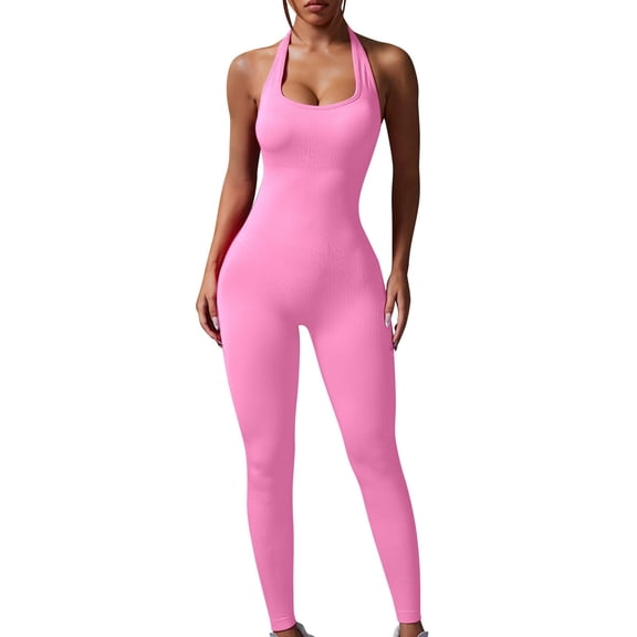 ZQUUVOU Women's 2 Piece Yoga Bodysuit Butt Lifting Sleeveless Halter Vest Backless One Piece Workout Outfits Pink