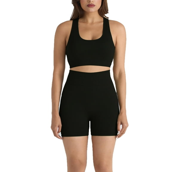 ZQUUVOU Women's 2 Piece Yoga Set Seamless Solid Color Sports Bra and Shorts Workout Outfit for Gym Workout Lounge Black