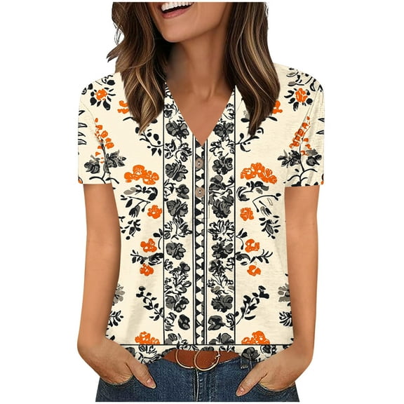 ZQUUVOU Women's 2025 T-Shirts Henley V-Neck Button Printed Short Sleeved Tunic Shirt(A-Khaki,2XL)