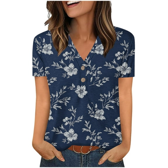 ZQUUVOU Women's 2025 T-Shirts Henley V-Neck Button Printed Short Sleeved Tunic Shirt(B-Navy,S)