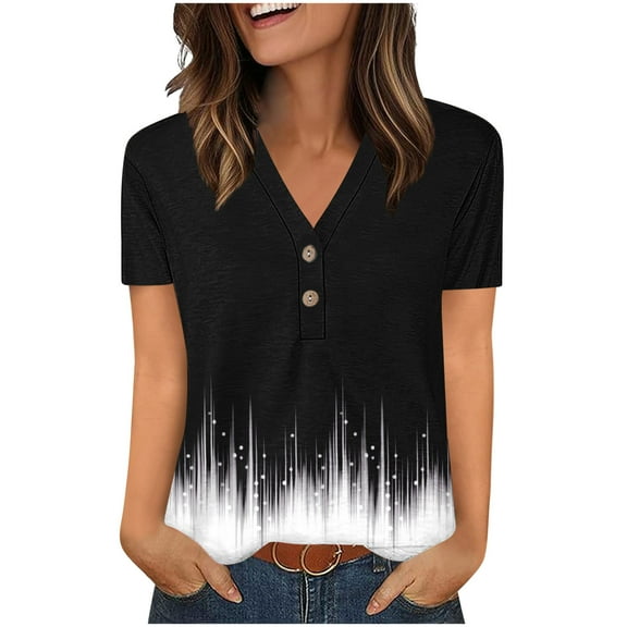 ZQUUVOU Women's 2025 T-Shirts Henley V-Neck Button Printed Short Sleeved Tunic Shirt(I-Black,S)