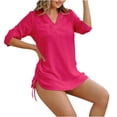 thumbnail image 1 of ZQUUVOU Women's 3/4 Sleeve Cover Up Casual V Neck Drawstring Loose Fit Beach Coverups with Pocket Summer Dresses Shirt Hot Pink, 1 of 3