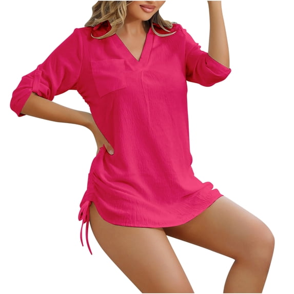 ZQUUVOU Women's 3/4 Sleeve Cover Up Casual V Neck Drawstring Loose Fit Beach Coverups with Pocket Summer Dresses Shirt Hot Pink