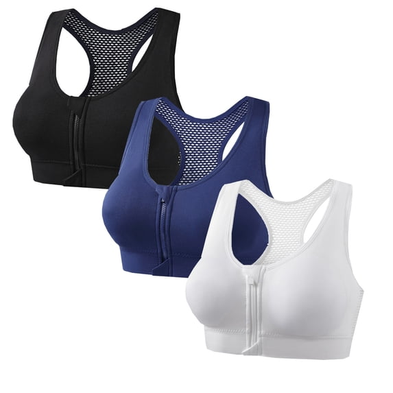 ZQUUVOU Women's 3 Pack Racerback Sports Bra Wireless Front Zip Crisscross Back Push Up Medium Support Yoga Workout Gym Bra