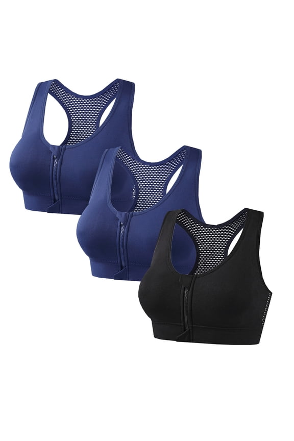 Women's 3 Pack Racerback Sports Bra Wireless Front Zip Crisscross Back Push Up Medium Support Yoga Workout Gym Bra
