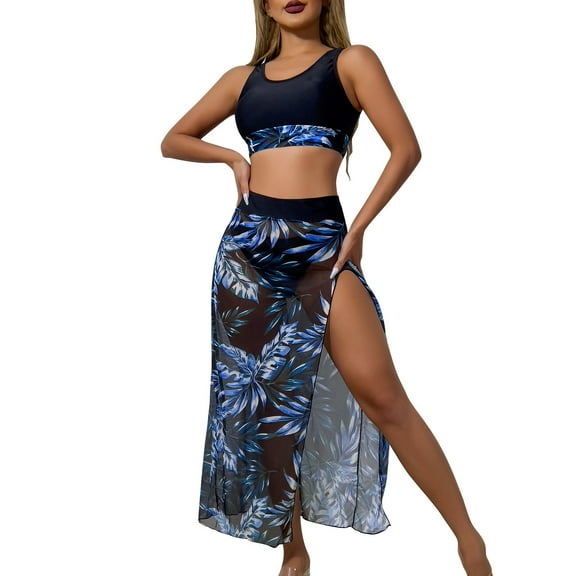 ZQUUVOU Women's 3 Pieces Swimsuit with Cover Up Beach Skirt Sarongs Floral Printed Bikini Bra Set Bathing Suit (A-Blue,M)