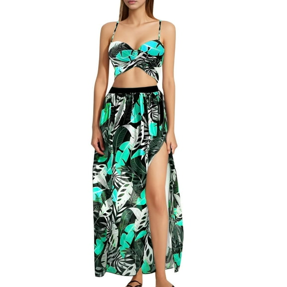 ZQUUVOU Women's 3 Pieces Swimsuit with Cover Up Beach Skirt Sarongs Floral Printed Bikini Bra Set Bathing Suit (B-Sky Blue,M)